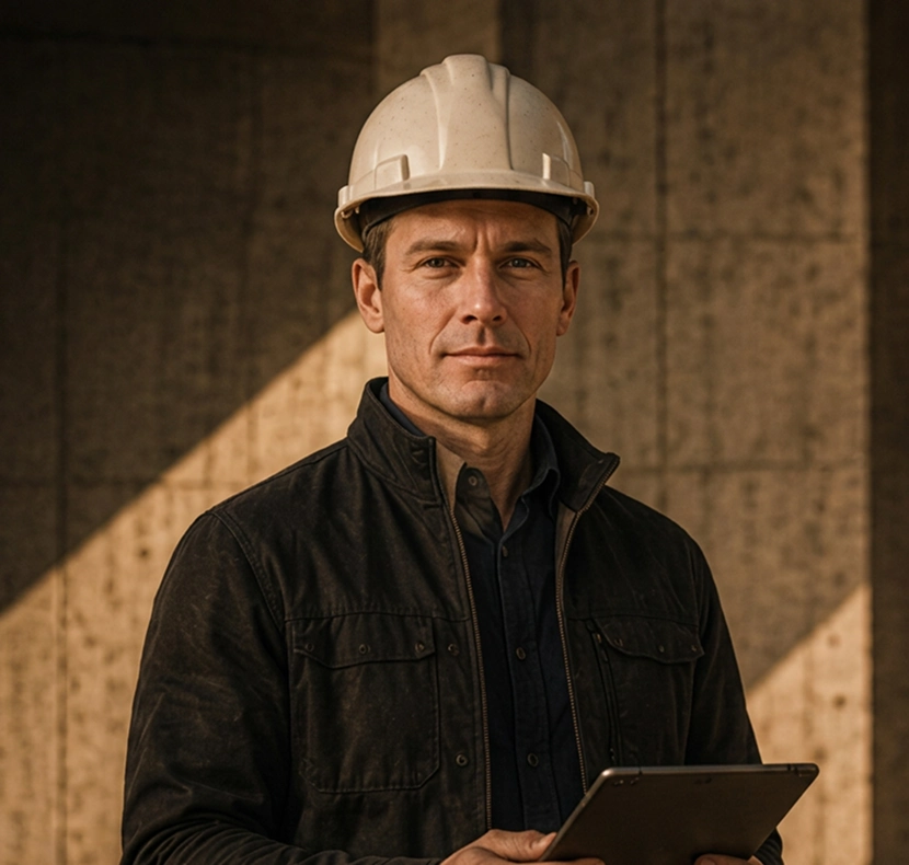 Man wearing white hard hat and dark jacket holding a tablet in front of a concrete wall.