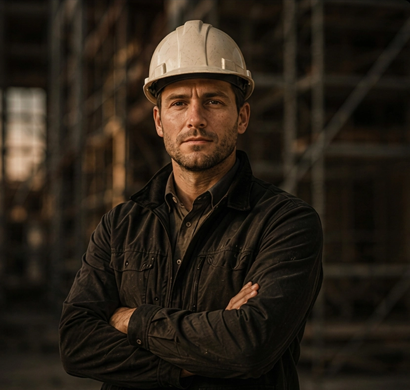 Man in white hard hat and dark jacket with arms crossed at a construction site.