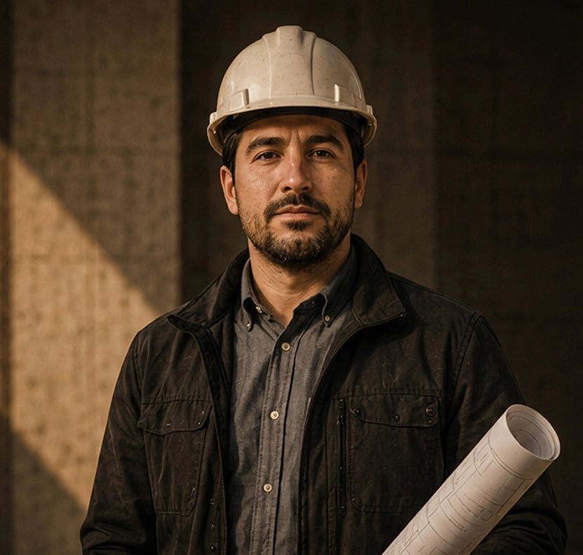 Man wearing a white construction helmet holding rolled architectural blueprints.