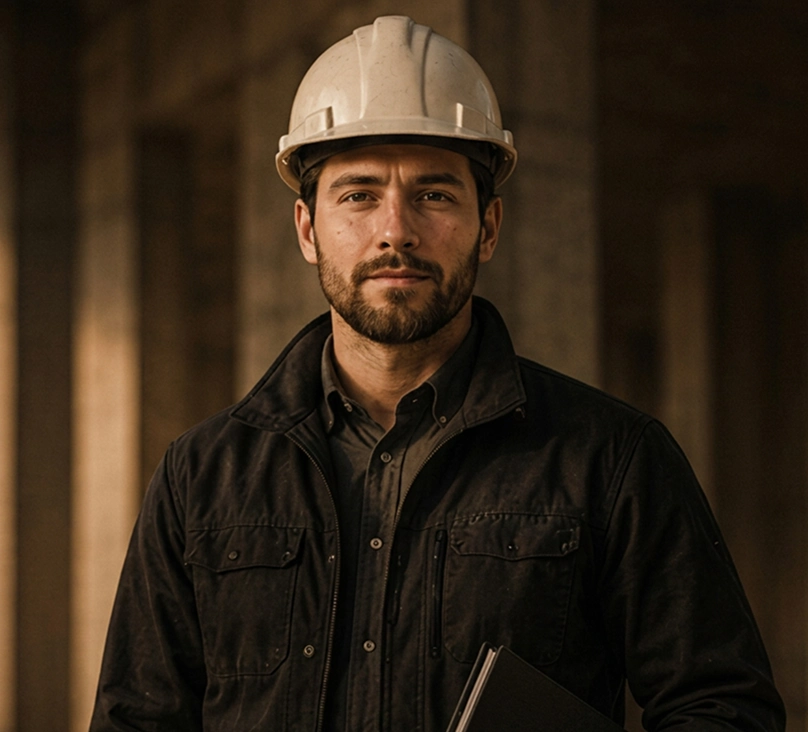 Bearded man wearing a white hard hat and black jacket holding a folder in a construction site.