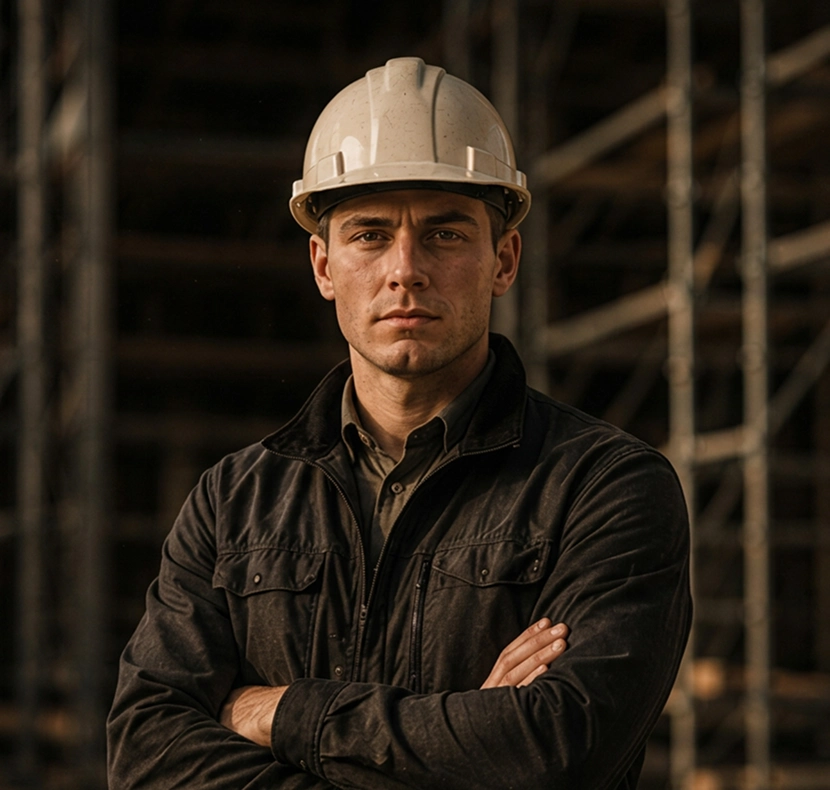 Serious construction worker wearing white hard hat and dark jacket standing with arms crossed.