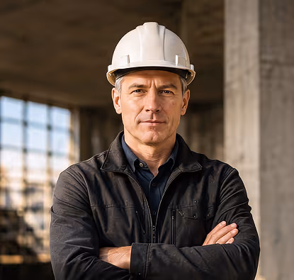 Middle-aged man wearing white hard hat and black jacket standing with arms crossed at a construction site.